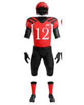 Red and black football uniform with number 12 on a white background