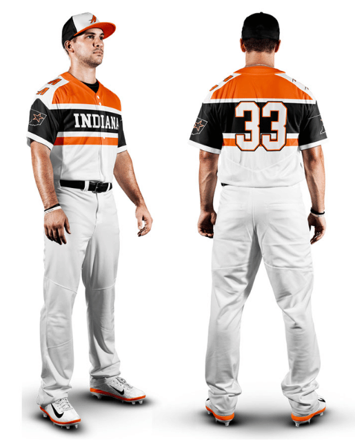 Baseball player wearing an orange, black, and white uniform with 'Indian' branding.
