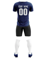 Navy blue sports uniform with customizable name and number on a white background