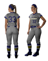 Two views of a softball uniform with the number 33 on a white background
