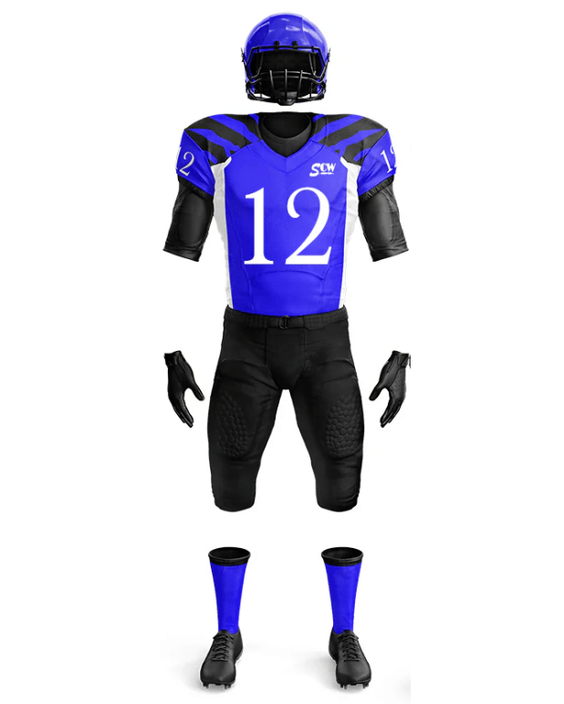 Blue and black football uniform with number 12 on a white background