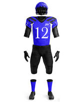 Blue and black football uniform with number 12 on a white background