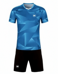 Blue sports jersey with geometric pattern and black shorts on a white background