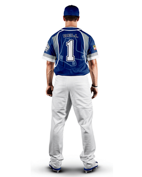 Person wearing a blue and white baseball uniform with number 1 on a white background
