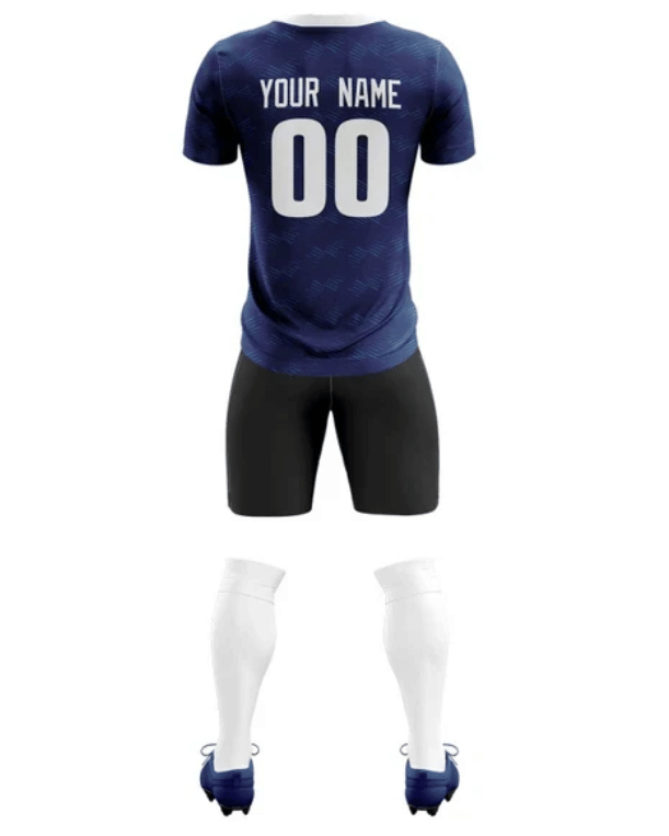 Navy blue sports uniform with customizable name and number on a white background