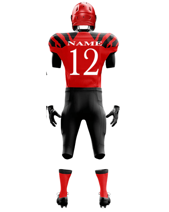 Red and black football uniform with number 12 on a white background