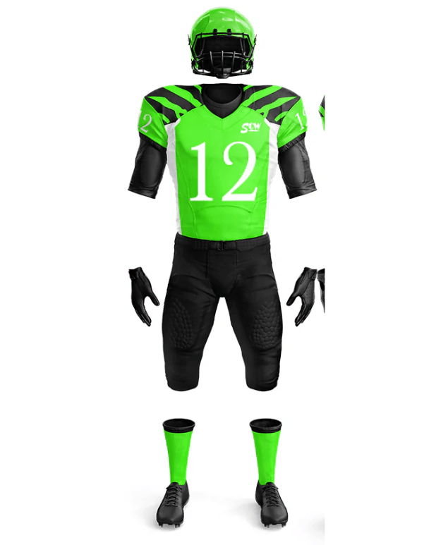 Green and black football uniform with number 12 on a white background