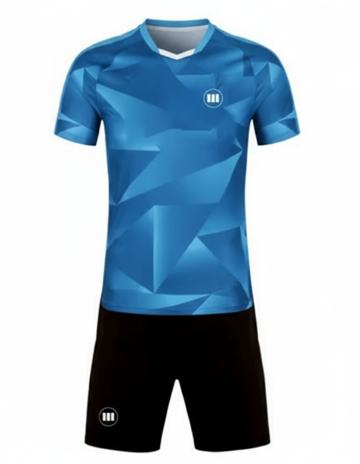 Blue sports jersey with geometric pattern and black shorts on a white background